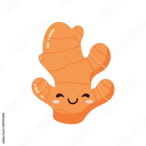 Cute cartoon ginger root character with a smiling face, isolated on a white background