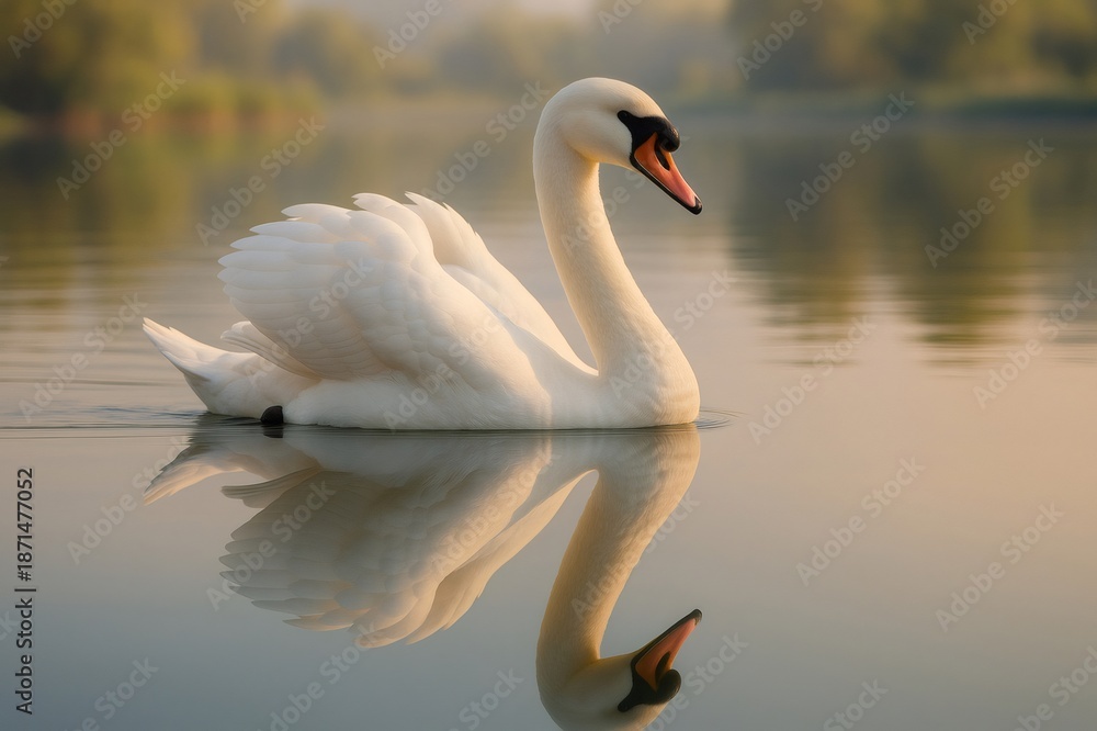 Fototapeta premium White swan gracefully swimming on serene water, creating a perfect reflection. Tranquil scene reflecting beauty and peacefulness
