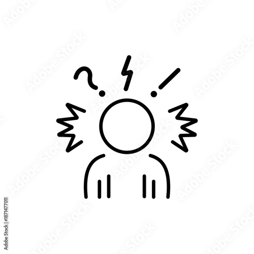 angry man line icon. Person shows confusion and frustration with question marks and exclamation marks around them. Vector 