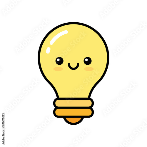 Cute cartoon light bulb character with a smiling face, brightening up a simple background