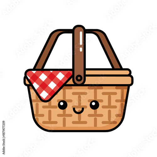 Cute cartoon picnic basket with a smiling face and checkered cloth, perfect for outdoor gatherings