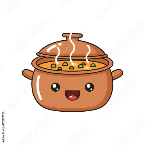Cute cartoon pot with smiling face, steaming soup, and green peas, on a white background