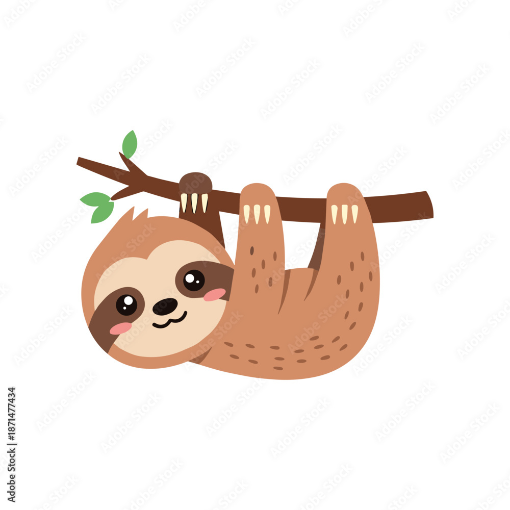 Fototapeta premium Cute cartoon sloth hanging from a branch with green leaves in a playful and cheerful pose