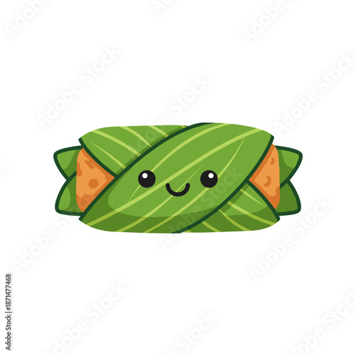 Cute cartoon sushi roll wrapped in green leaves with smiling face, set against a plain background
