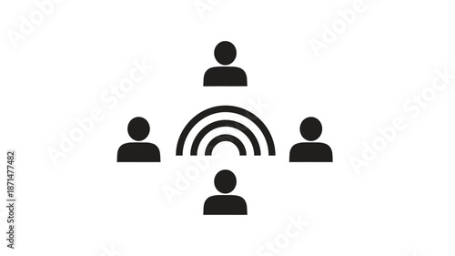 Simple black and white icon depicting four people connected by communication waves