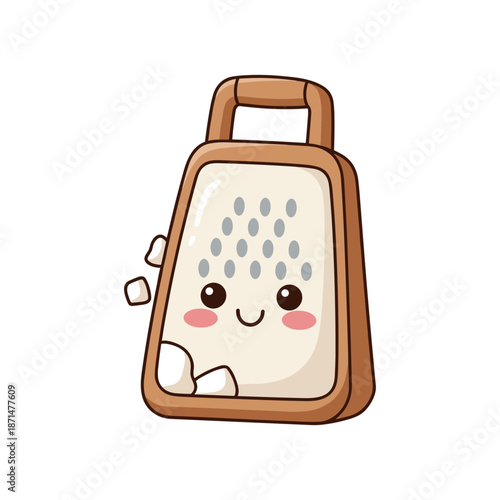 Cute cartoon-style grater with a smiling face, set against a simple white background, ideal for kitchen themes