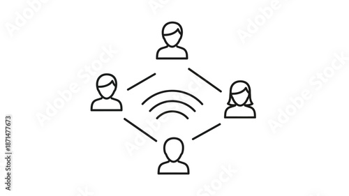 Network of people connected by wireless signal communication and shared information depicted in a line icon