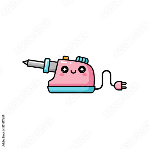 Cute cartoon-style soldering iron with a smiling face, plugged in, on a white background