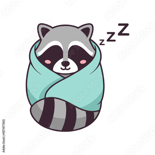 Cute raccoon wrapped in a teal blanket sleeping peacefully with z's indicating rest