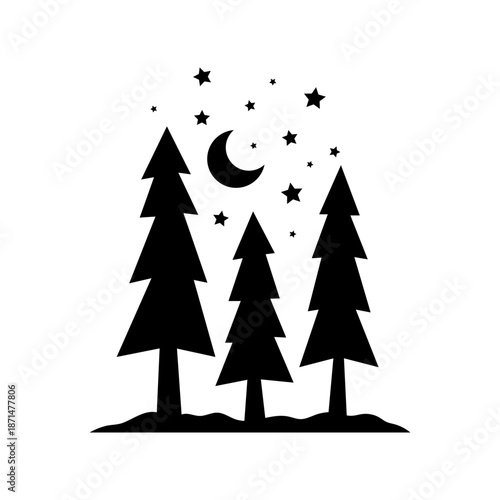 Fir trees, crescent moon, and stars. Black silhouette. Front and side view. Vector simple flat graphic illustration. Isolated object on a white background.