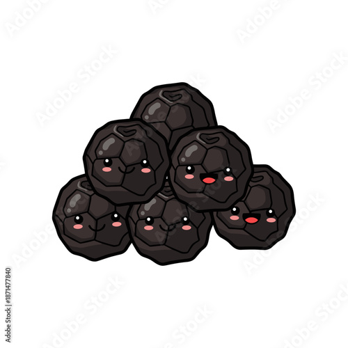 Cute stack of smiling black round stones with cartoonish faces on a white background