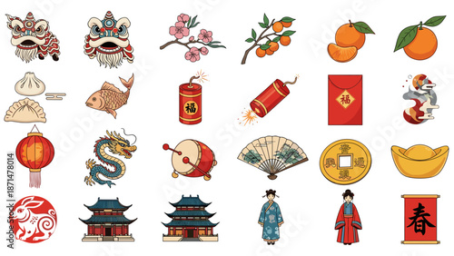 Chinese new year icons and symbols for lunar celebration