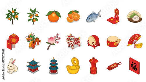 Collection of various chinese new year icons and symbols