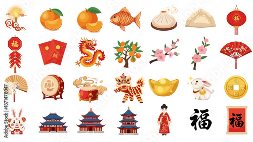 Chinese new year icons and symbols for festive designs