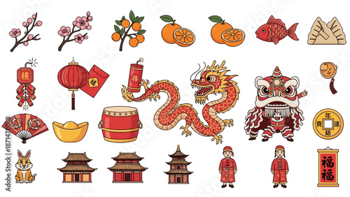 Chinese new year elements including dragon, lanterns, and oranges