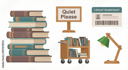 Library and Study Essentials Books, Lamp, Cart, and Membership Card