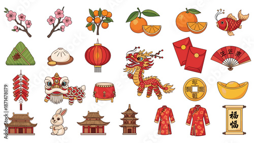 Chinese new year elements including lanterns and dragon