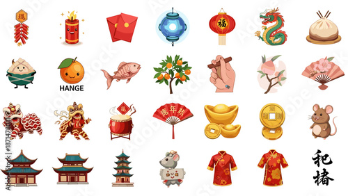Chinese new year icons and symbols for lunar celebration