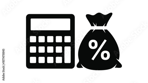 A black and white illustration depicting a calculator and a money bag with a percent sign