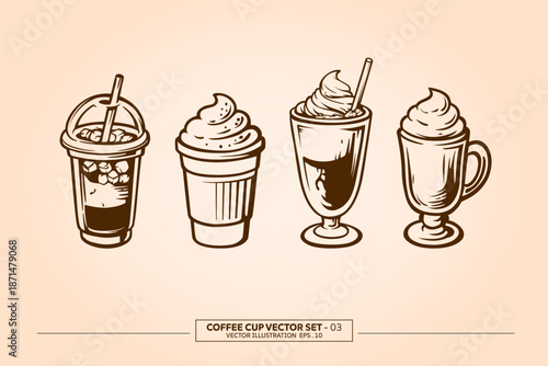 Cup of coffee vector set hand drawn illustration collection isolated on vintage color background.