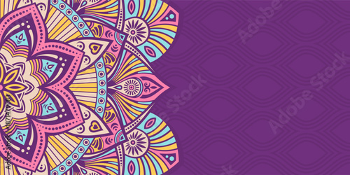 Horizontal mandala banner. Decorative flower mandala background with place for text. Color mandala on purple background. Arabic Islamic style. Pink, yellow, blue colors. Vector color illustration.