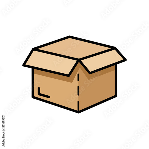 A cardboard box sits on a wooden table, surrounded by scattered packing materials and tools
