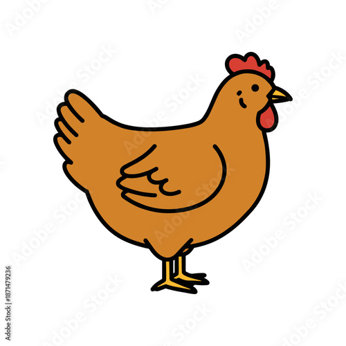 A cheerful brown hen standing proudly, showcasing its feathers in a simple, white background
