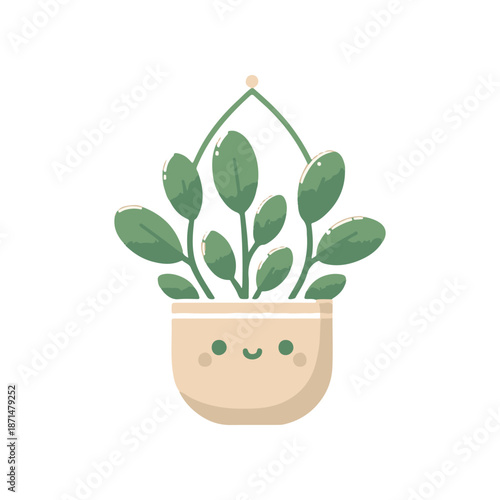 A cheerful potted plant with smiling face and vibrant green leaves, suspended in mid-air