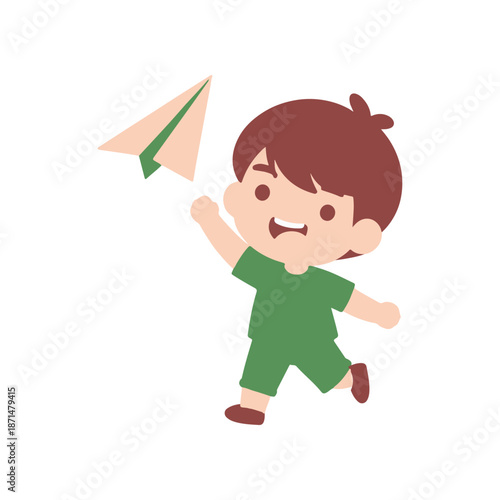 A joyful child in green attire joyfully running and launching a paper airplane in a bright setting