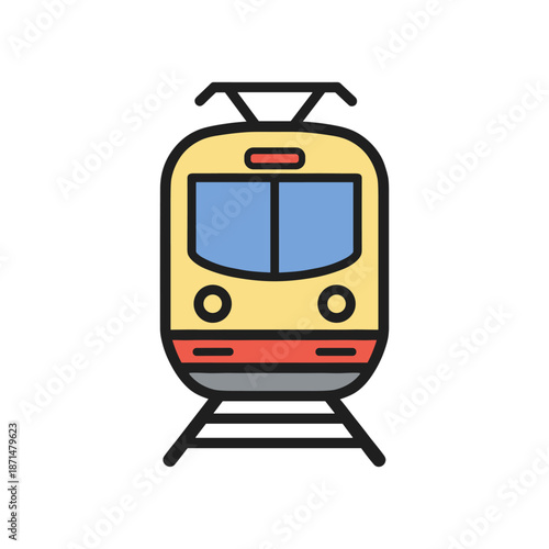 A vibrant illustration of a yellow train approaching a station with tracks and a clear sky