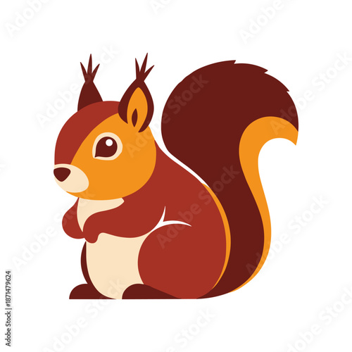 A vibrant illustration of a cartoon squirrel sitting calmly with a bushy tail in a playful pose