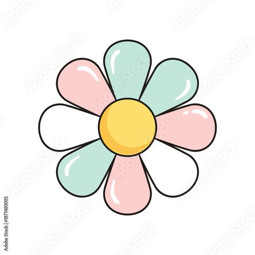 Colorful cartoon flower with pastel petals and a yellow center on a white background