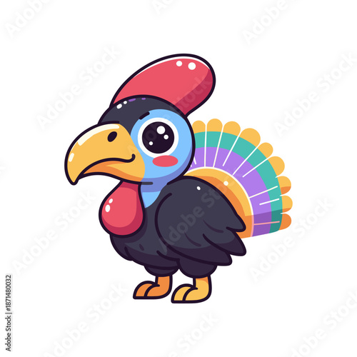 Colorful cartoon turkey with vibrant feathers standing cheerfully on a white background
