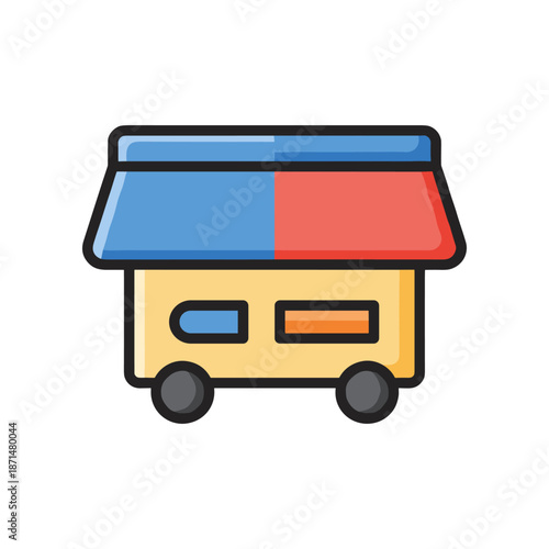 Colorful food truck parked at a street festival with people enjoying nearby activities