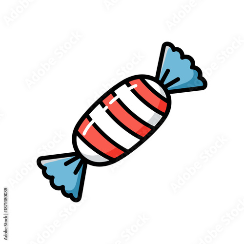 Colorful striped candy with blue ends, floating against a white background, ideal for sweet-themed designs