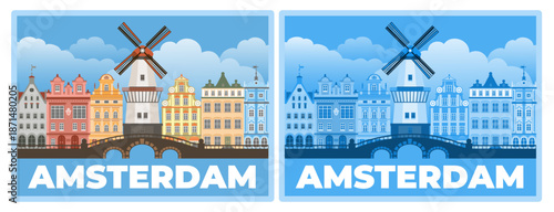 Amsterdam skyline concept. Travel to Amsterdam concept with skyline and famous landmark such as windmill, canal bridge, old buildings. Vector illustration