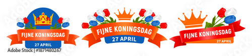 Koningsdag design templates set. Koningsdag greeting. King's Day logo, label, emblem. For poster, card, invitation, flyer etc. Translation: Happy King's Day, 27 April. Isolated vector illustration