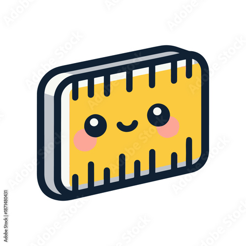 Cute cartoon illustration of a smiling cheese block with rosy cheeks on a white background