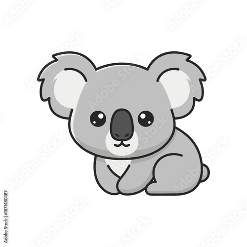 Cute cartoon koala sitting peacefully, showcasing its big eyes and fluffy ears in a simple background