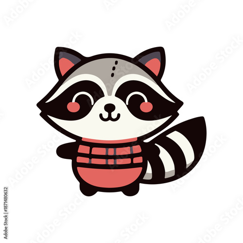 Cute cartoon raccoon character wearing a red vest, smiling cheerfully against a plain background