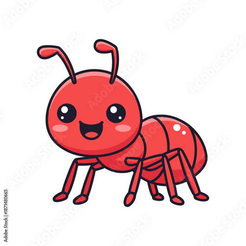 Cute cartoon red ant with a smiling face, standing cheerfully against a plain background