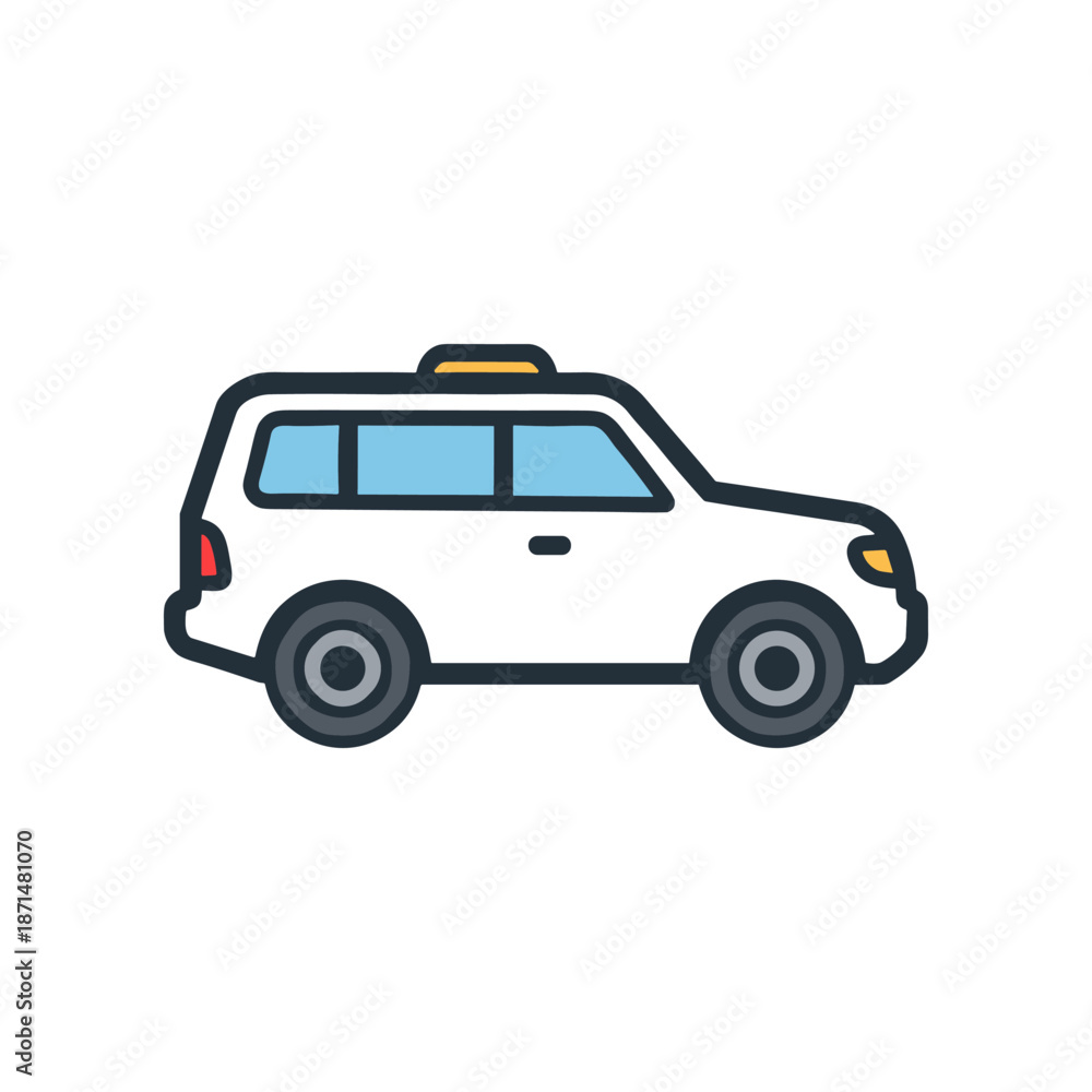 Fototapeta premium Side view of a white taxi vehicle in an urban setting, with city buildings in the background
