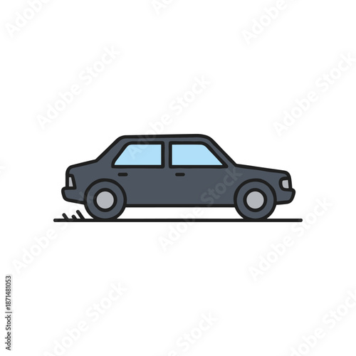 Side view of a sleek black sedan parked on a grassy area with a clear blue sky in the background