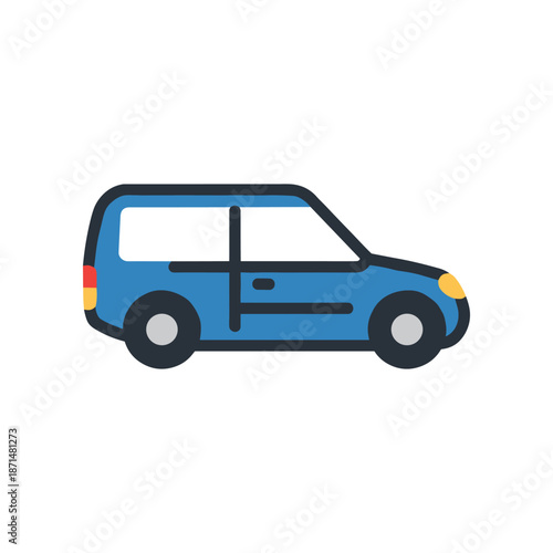 A blue minivan parked on a street surrounded by trees and buildings, showcasing urban life