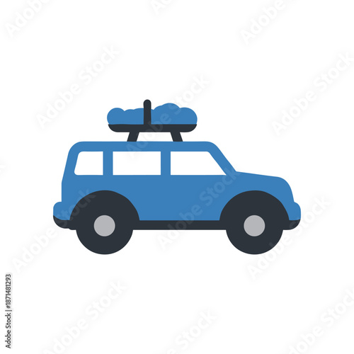 A blue SUV with a rooftop cargo carrier parked on a road surrounded by greenery