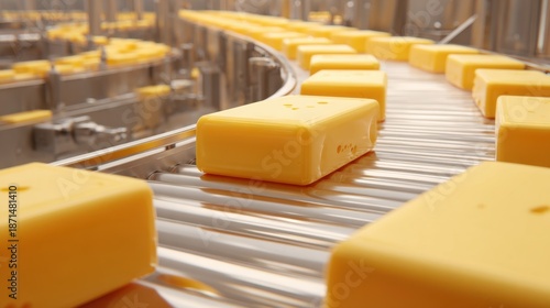 Cheese blocks move along conveyor belt in food production facility during daytime hours