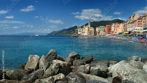 Panorama of the fishing town of Camogli with colorful houses on the shore of ...
