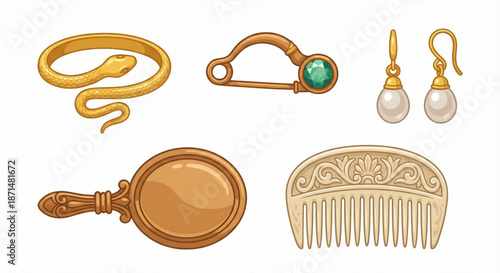 Vintage jewelry and accessories snake bracelet, brooch, earrings, mirror, and comb