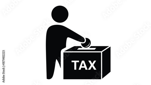 A simple black silhouette depicts a person depositing something into a box labeled tax
