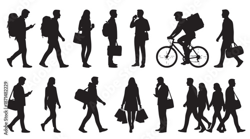 Silhouettes of people walking and commuting in various poses and styles